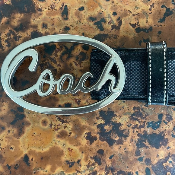 💗Vintage💜Coach Denim Rare Silver Logo Monogram Leather/Canvas Blck Belt- M - Picture 2 of 7